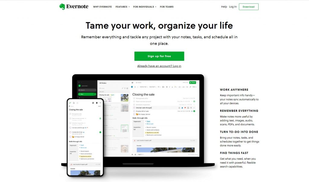 Evernote landing page example of the UVP I used to tell people how to find clients for software company