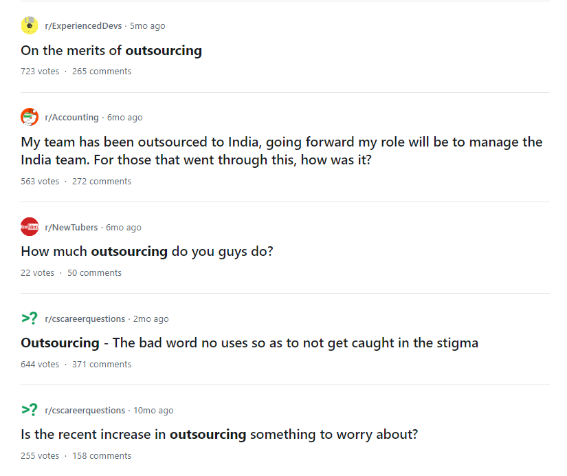 Screenshot of outsourcing reddit