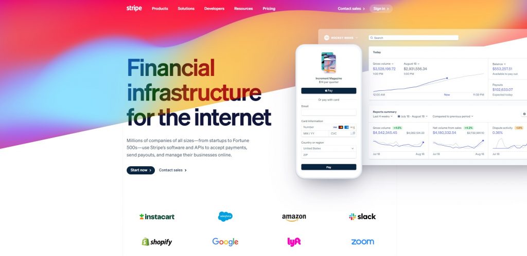 stripe landing page as unique value proposition example