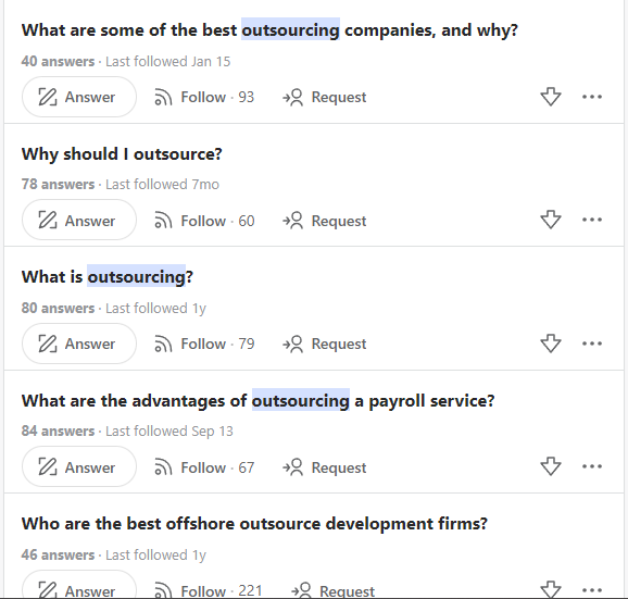 Screenshot of Quora outsourcing topics