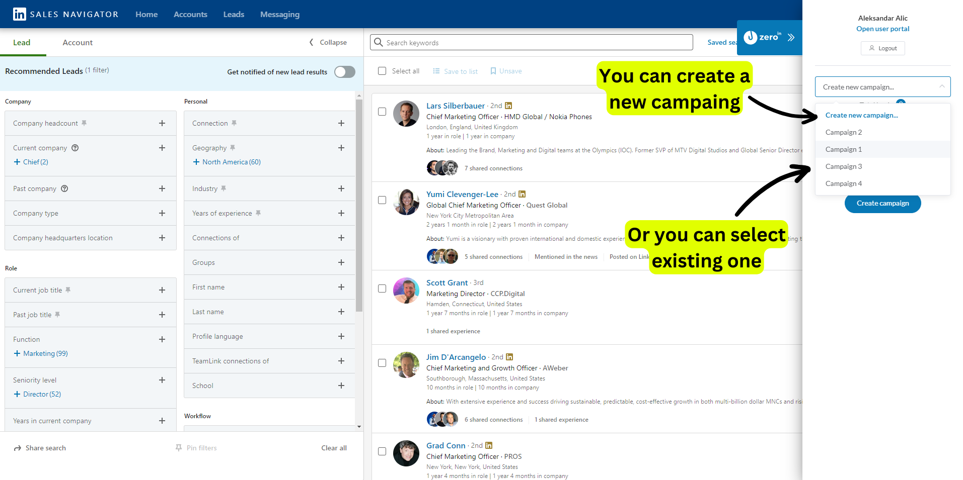 Create a new campaign or choose an existing one - How to use linkedin sales navigator to generate leads
