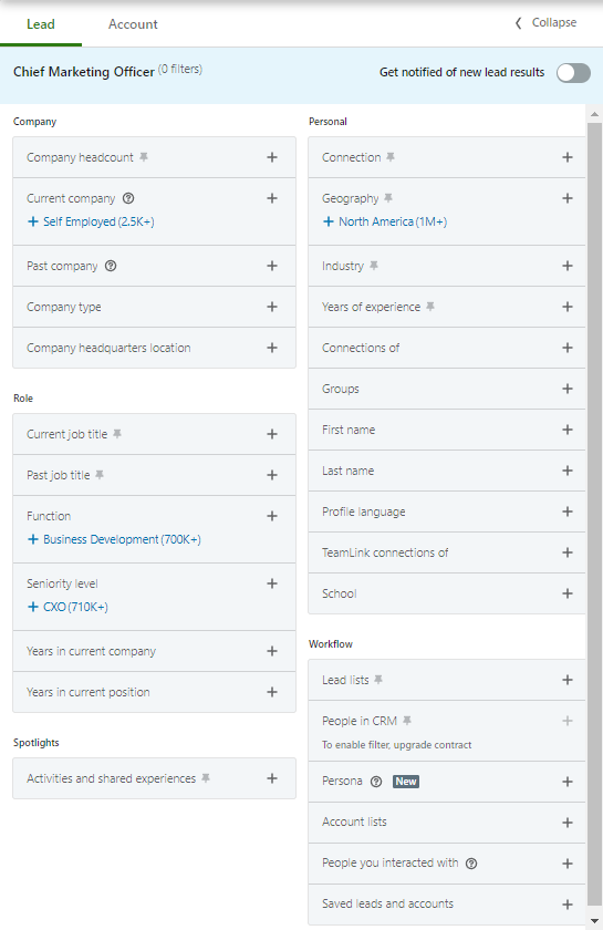 LinkedIn Sales Navigator Fillters