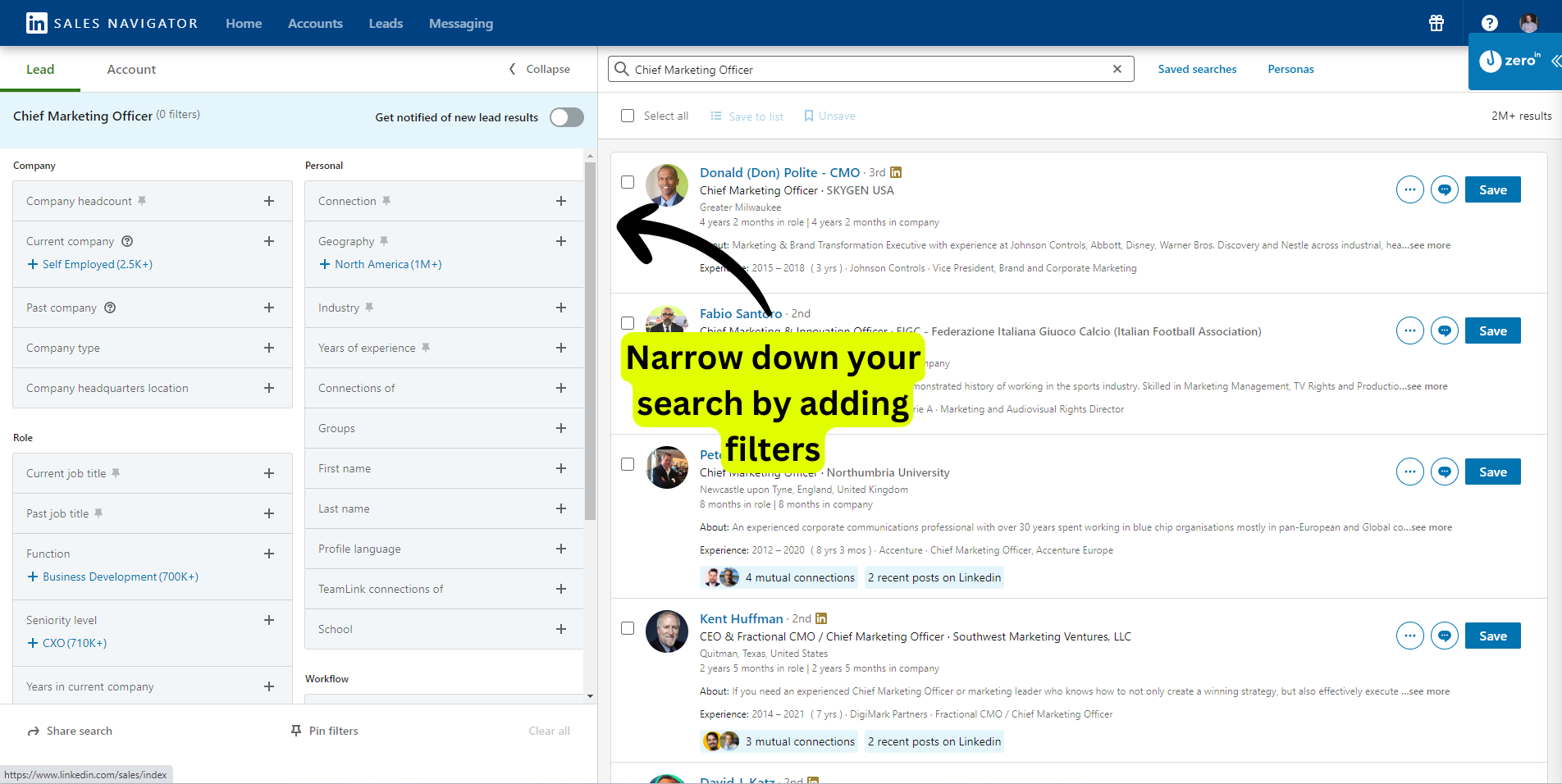 Narrow down your search by adding LinkedIn Sales Navigator filters