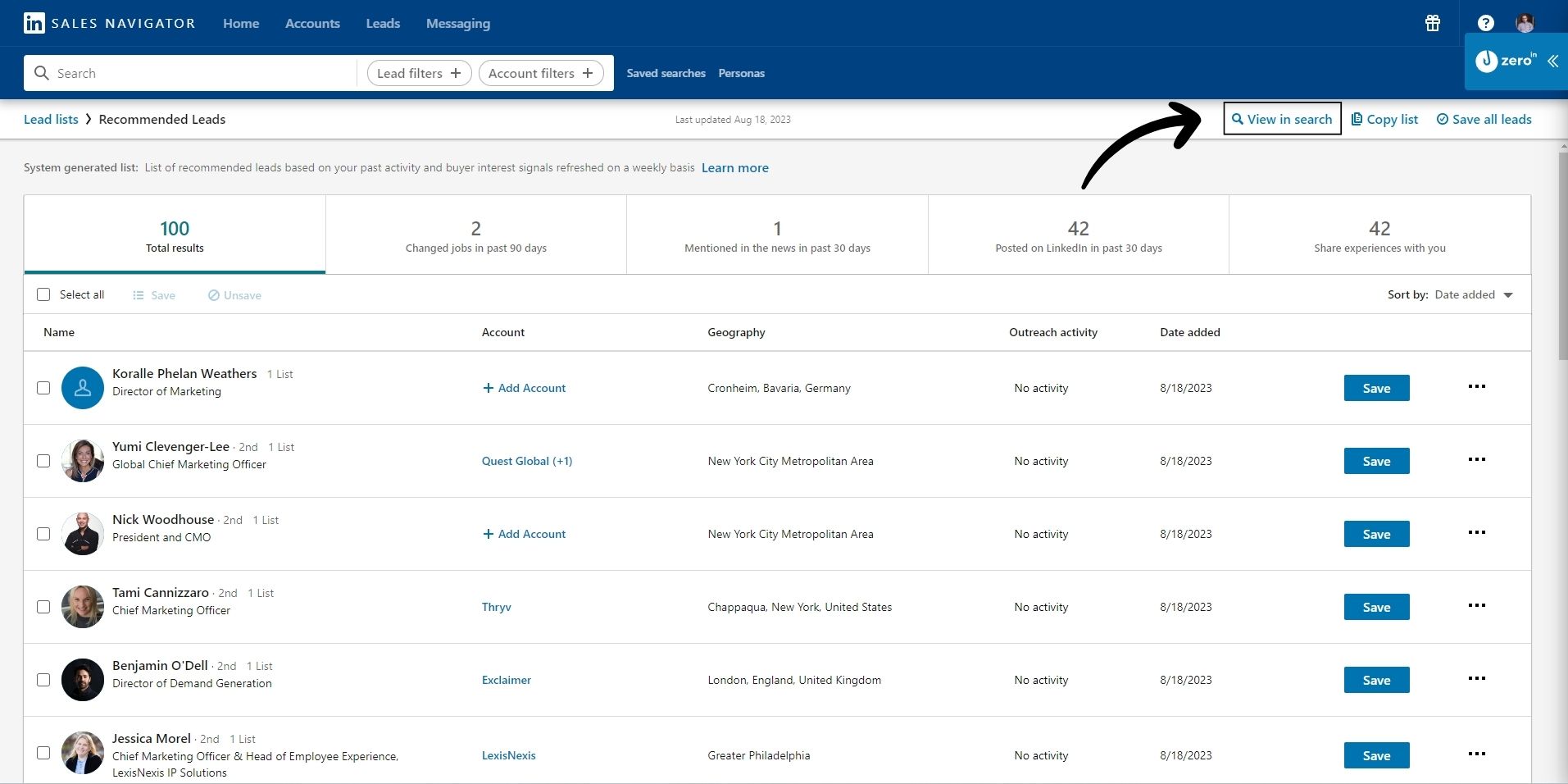 View in search - how to use linkedin sales navigator to generate leads
